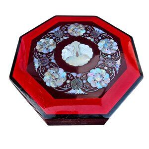 Vintage Korean Mother of Pearl Lacquer Octagonal Jewelry Box Set 1 Missing Part